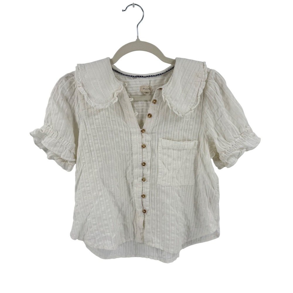 Zara Peter Pan Collar Blouse Cream Small Ruffle Puff Sleeve Cotton Cottagecore